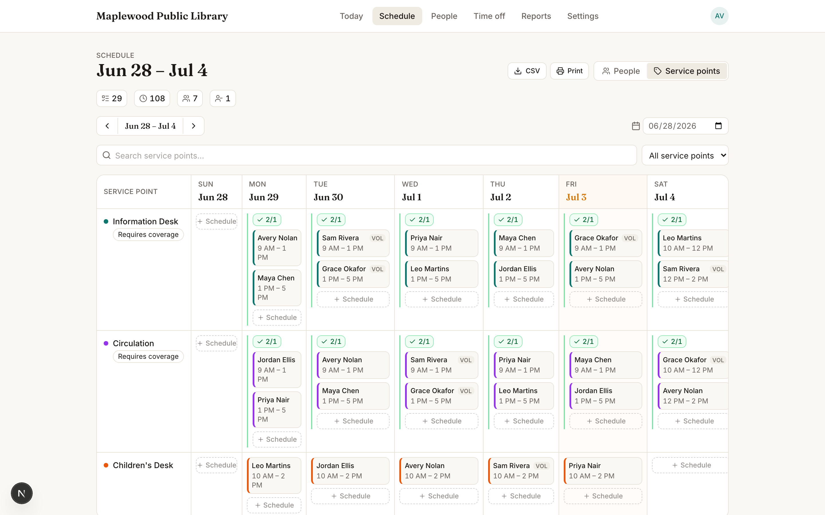 The Schedule in service-points view, showing a coverage badge on each desk for every day