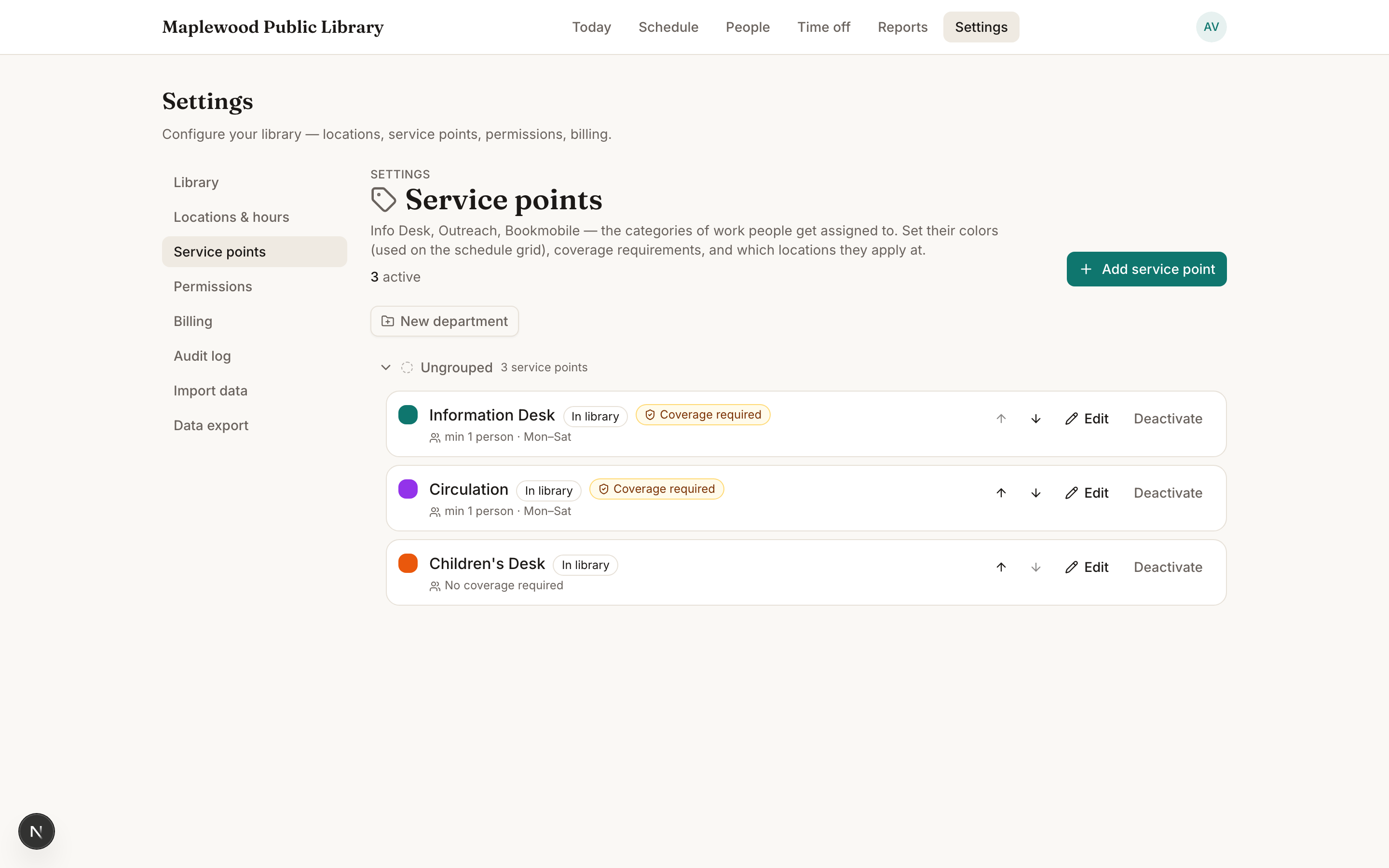 Settings → Service points, listing each desk with its category and coverage requirement
